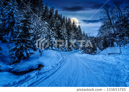 winter mountain landscape at night. empty winding road through fir forest covered with snow in full moon light. finance investment or abstract concepts winter mountain landscape at night. empty winding road through fir forest covered with snow in full moon light. finance investment or abstract concepts 133653785