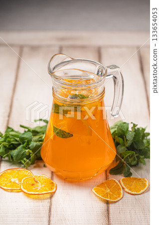 Refreshing citrus drink with mint leaves Refreshing citrus drink with mint leaves 133654053