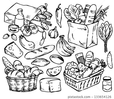 A supermarket bag and basket with groceries and baked goods. Sketch style vector illustration. Shopping 133654126