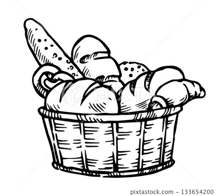 A basket with fresh baked goods, bread, and buns. Sketch vector illustration 133654200