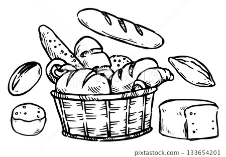 A basket with fresh baked goods, bread, and buns. Sketch vector illustration A basket with fresh baked goods, bread, and buns. Sketch vector illustration 133654201