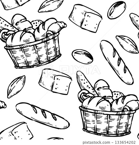 Seamless pattern with a basket of fresh baked goods, bread, and buns. Vector illustration in sketch style. 133654202