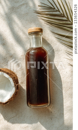 Coconut vinegar bottle displayed on sand-colored background with tropical palm leaves, showcasing artisanal fermentation and culinary trends in flavored vinegar 133654326