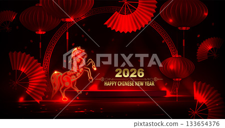 Happy Chinese New Year. Illustration with a golden, exquisite fire horse on a podium Happy Chinese New Year. Illustration with a golden, exquisite fire horse on a podium 133654376