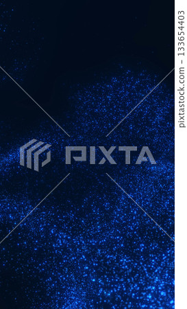 Blue floating particles forming soft glowing disperse cloud in dark space. Digital abstract star-like motion with sparkling futuristic effect. 133654403