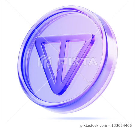 3d glass holographic Toncoin icon. TON native coin, cryptocurrency of the open network blockchain. Digital currency, token with purple blue neon gradient for transaction, game and nft. 3D illustration 133654406