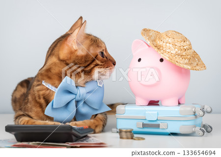 Bengal cat with a calculator and a piggy bank 133654694