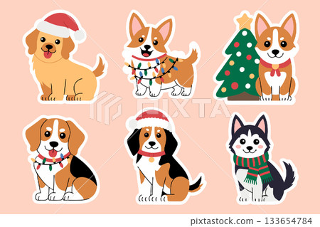 Cute collection of christmas dog stickers with various breeds wearing santa hats, perfect for festive projects 133654784