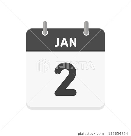 January 2nd, JAN 2 daily calendar icon - Black and white English calendar with 1/2 date January 2nd, JAN 2 daily calendar icon - Black and white English calendar with 1/2 date 133654834