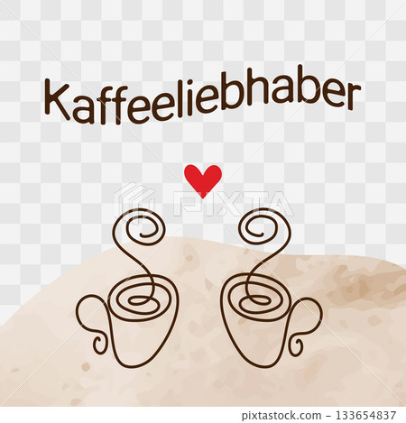 Coffee Cups on abstract beige Backdrop and Kaffeeliebhaber Wavy Text. Packing Design Template idea. Vector illustration Coffee Day greetings Thematic or Menu Cards sample Promo Banner, leaflets, label 133654837