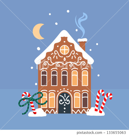 Gingerbread house illustration with candy decorations and snow, whimsical cookie home facade with icing ornaments, sweet bakery style vector on blue background 133655063