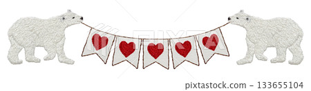 [Polar bear and heart garland] Hand-embroidered illustration material 133655104