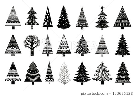 Black silhouette Christmas tree collection on white background 133655128