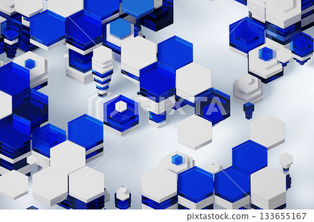 Abstract hexagon pattern 3d background. Many stacks of blue glass and white plastic hexagonal shapes. Geometric honeycomb texture for architecture, medical, science technology design. 3D illustration 133655167