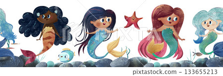 Cute seamless mermaid pattern with diverse happy mermaids, bubbles, starfish, girls, merman boy, colorful hair tails. Watercolor kids illustration for fabric, nursery wallpaper, apparel, stationery Cute seamless mermaid pattern with diverse happy mermaids, bubbles, starfish, girls, merman boy, colorful hair tails. Watercolor kids illustration for fabric, nursery wallpaper, apparel, stationery 133655213