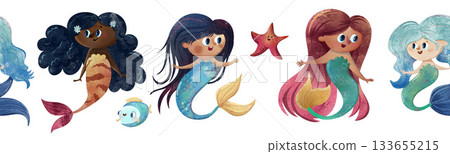 Cute seamless mermaid pattern with diverse happy mermaids, bubbles, starfish, girls, merman boy, colorful hair tails. Watercolor kids illustration for fabric, nursery wallpaper, apparel, stationery Cute seamless mermaid pattern with diverse happy mermaids, bubbles, starfish, girls, merman boy, colorful hair tails. Watercolor kids illustration for fabric, nursery wallpaper, apparel, stationery 133655215