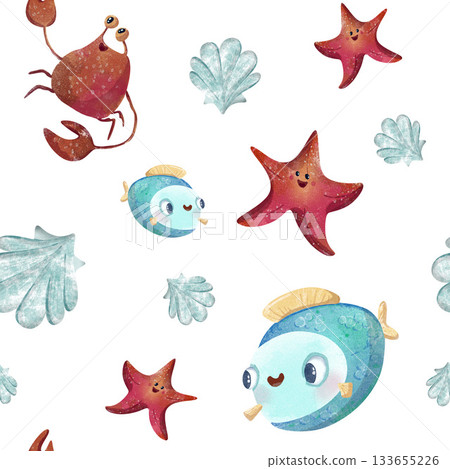 Cute seamless underwater pattern with happy crab, fish, starfish and shells. Watercolor kids illustration for fabric, nursery decor, apparel, stationery 133655226