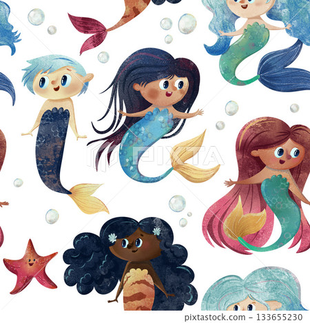 Cute seamless mermaid pattern with diverse happy mermaids, bubbles, starfish, girls, merman boy, colorful hair tails. Watercolor kids illustration for fabric, nursery wallpaper, apparel, stationery 133655230