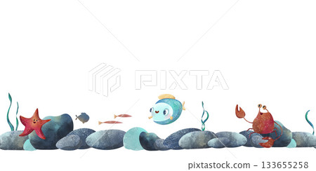 Cute seamless pattern with happy little mermaid, fish, bubbles and seabed rocks. Watercolor children's illustration, perfect for fabric, nursery wallpaper, kids apparel, stationery Cute seamless pattern with happy little mermaid, fish, bubbles and seabed rocks. Watercolor children's illustration, perfect for fabric, nursery wallpaper, kids apparel, stationery 133655258