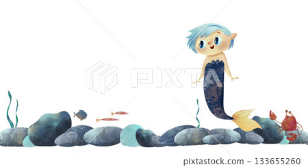 Cute seamless pattern with happy little mermaid, fish, bubbles and seabed rocks. Watercolor children's illustration, perfect for fabric, nursery wallpaper, kids apparel, stationery Cute seamless pattern with happy little mermaid, fish, bubbles and seabed rocks. Watercolor children's illustration, perfect for fabric, nursery wallpaper, kids apparel, stationery 133655260