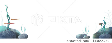 Cute watercolor illustration frame of underwater stones with swaying green seaweed. Perfect for children's books, educational materials, ocean themes, stickers, and nursery decor. Simple, whimsical 133655269