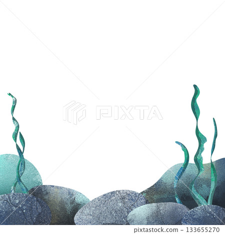 Cute watercolor illustration frame of underwater stones with swaying green seaweed. Perfect for children's books, educational materials, ocean themes, stickers, and nursery decor. Simple, whimsical 133655270