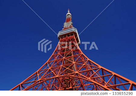 Tokyo Tower and the blue sky seen from below in the daytime. November, Minato Ward 2284. Tokyo Tower in the daytime. 133655290