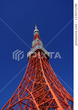 Tokyo Tower and the blue sky seen from below in the daytime. November, Minato Ward 2290. Tokyo Tower in the daytime. Tokyo Tower and the blue sky seen from below in the daytime. November, Minato Ward 2290. Tokyo Tower in the daytime. 133655296