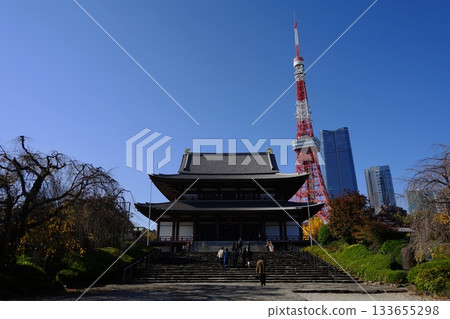 Zojoji Temple has a dignified presence with Tokyo Tower in the background under the blue sky. November, Minato Ward 2292 Tokyo Tower and Zojoji Temple in the daytime Zojoji Temple has a dignified presence with Tokyo Tower in the background under the blue sky. November, Minato Ward 2292 Tokyo Tower and Zojoji Temple in the daytime 133655298