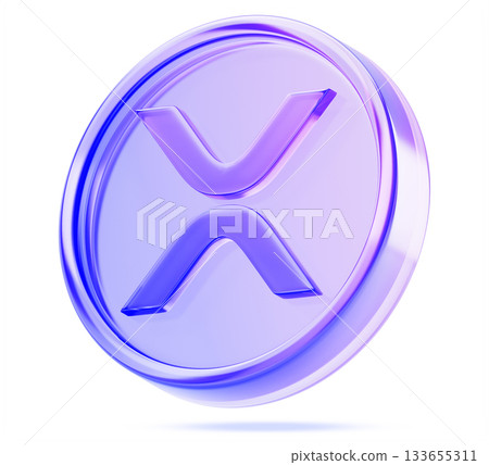 3d glass holographic XRP coin icon render. Ripple cryptocurrency, digital currency with purple blue neon gradient for blockchain payment network, money transfer, financial transaction. 3D illustration 133655311