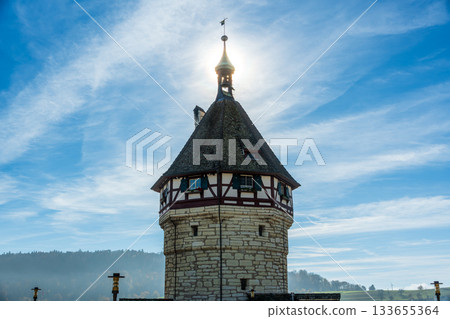 Architectural details of the tower roof and wooden structure of the Munot Fortress, Schaffhausen, Switzerland 133655364