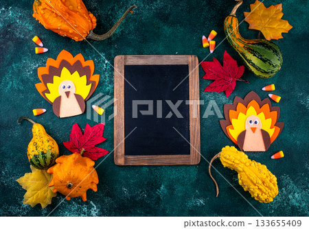 Thanksgiving day background with craft turkey 133655409