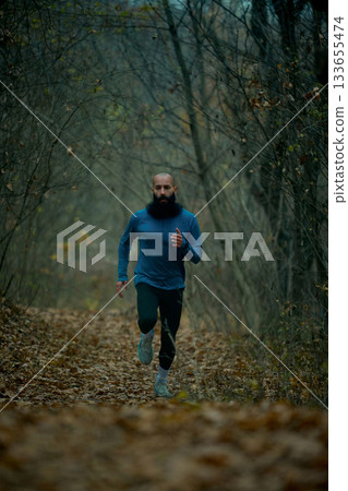 Runner moving through dense forest path with steady pace Runner moving through dense forest path with steady pace 133655474
