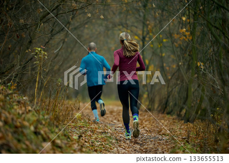 Two runners pacing steadily on long forest corridor filled with brown leaves Two runners pacing steadily on long forest corridor filled with brown leaves 133655513