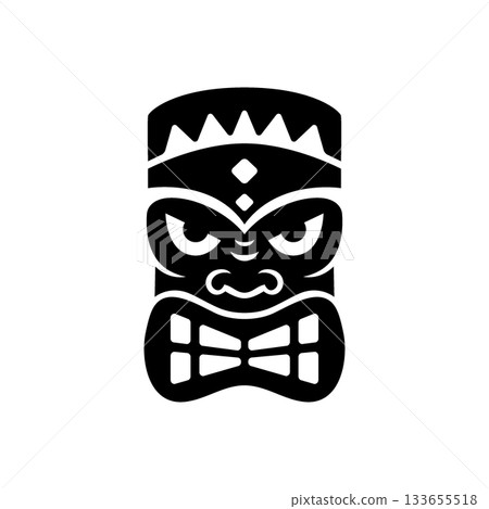 Tribal tiki mask with bowtie teeth and diamond crown. Polynesian style black vector illustration for tattoos, cultural posters and festival decorations 133655518
