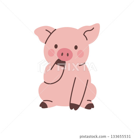 Pink piglet sitting with hand on mouth. Cute farm animal flat vector character illustration for children, nursery, and funny designs Pink piglet sitting with hand on mouth. Cute farm animal flat vector character illustration for children, nursery, and funny designs 133655531