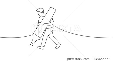 Man walking with large fountain pen. Minimalist vector outline art of male character carrying oversized ink pen 133655532