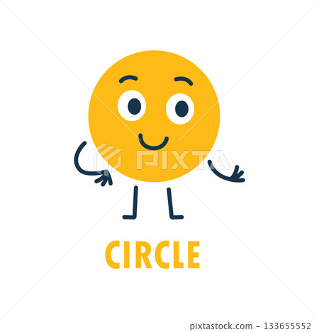 Yellow circle cartoon character with smiling face, arms and legs. Fun geometric vector design for children math learning and posters 133655552