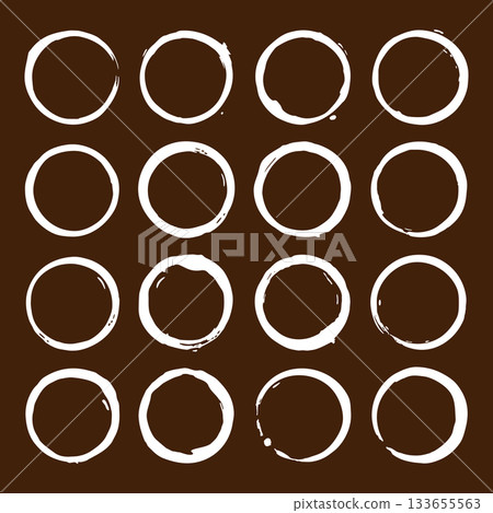 Set of 16 white coffee cup stains on brown background. Vector circular drink marks for cafe branding, posters and vintage decor Set of 16 white coffee cup stains on brown background. Vector circular drink marks for cafe branding, posters and vintage decor 133655563