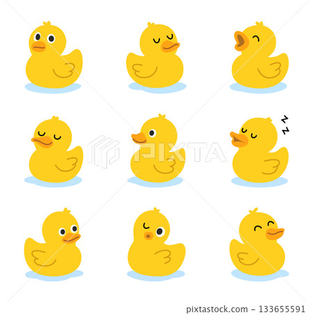 Set of yellow rubber ducks in cute poses. Fun cartoon bath toy vector collection for prints, children decor, and clipart projects. Set of yellow rubber ducks in cute poses. Fun cartoon bath toy vector collection for prints, children decor, and clipart projects. 133655591