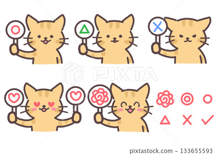 Illustration set of cats holding symbol plates (circle, triangle, X, heart, flower circle) Illustration set of cats holding symbol plates (circle, triangle, X, heart, flower circle) 133655593