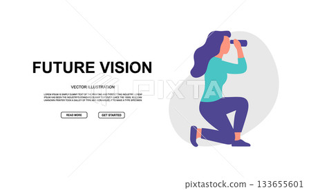 Kneeling woman with binoculars, looking forward. Colorful design for discovery, search, and observation themes Kneeling woman with binoculars, looking forward. Colorful design for discovery, search, and observation themes 133655601