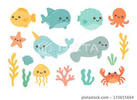 Cute marine animals. Underwater creatures and plants for ocean-themed creative projects Cute marine animals. Underwater creatures and plants for ocean-themed creative projects 133655604