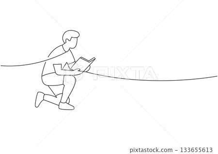 Young man kneeling and reading book. Continuous line vector for literacy design Young man kneeling and reading book. Continuous line vector for literacy design 133655613