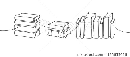 Minimalist line illustration of stacked books in horizontal row drawn in clean black outlines Minimalist line illustration of stacked books in horizontal row drawn in clean black outlines 133655616
