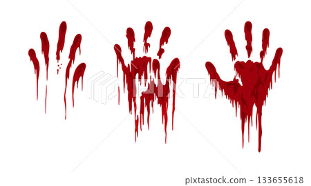 Dripping bloody handprints illustration. Horror-style red hands isolated on white background for Halloween or thriller themes Dripping bloody handprints illustration. Horror-style red hands isolated on white background for Halloween or thriller themes 133655618
