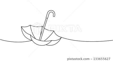 Curved umbrella contour in minimalist line art style, clean vector parasol design for rain protection and decor 133655627