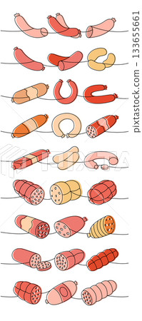 Set of sausages products. Butchery menu one line colored continuous drawing. Vector illustration 133655661