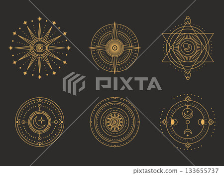 Set of moon and sun line art. Minimal boho linear symbols. Celestial mystic element. Vector line art illustration 133655737