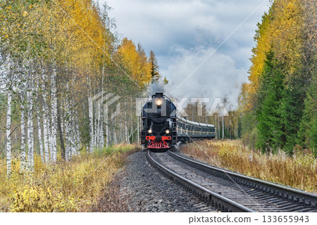 Steam retro train moves in the autumn forest at sunrise. Steam retro train moves in the autumn forest at sunrise. 133655943